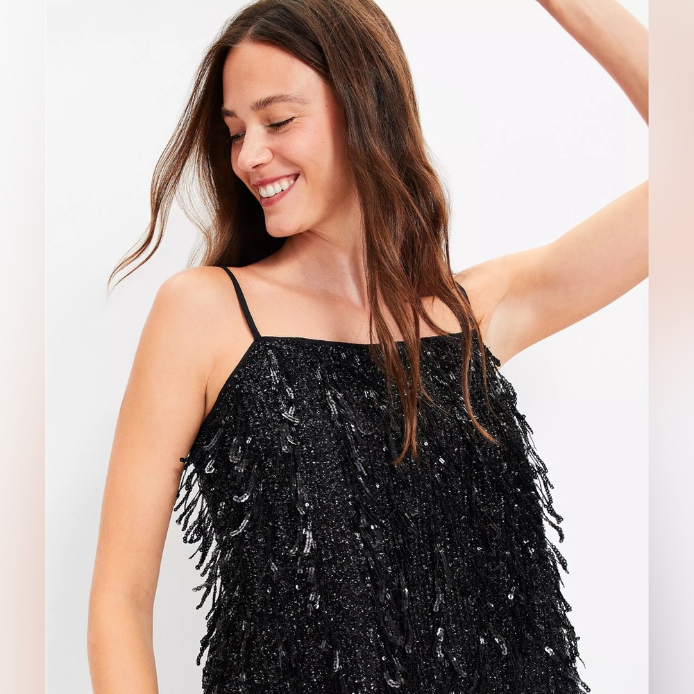 LOFT Sequin Fringe Square Neck Cami - sz medium like new